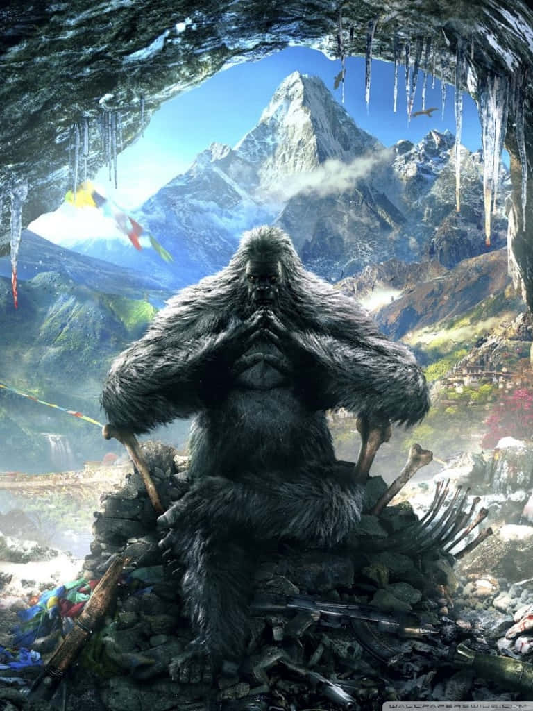 《孤島驚魂4》手機壁紙：雪人谷 壁紙 — 一隻巨大的毛茸茸生物坐在白雪覆蓋的洞穴入口，俯瞰著雄偉的山脈，經幡飄揚。