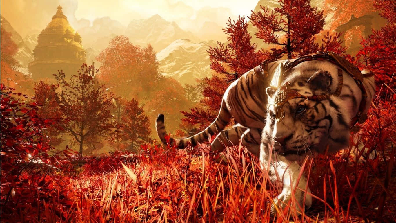 《孤島驚魂4》遊戲背景：克亞特的壯麗風景 壁紙 — 一隻威風凜凜的老虎戴著華麗的頭飾，在遠處金色寺廟附近的鮮紅秋葉中漫步。