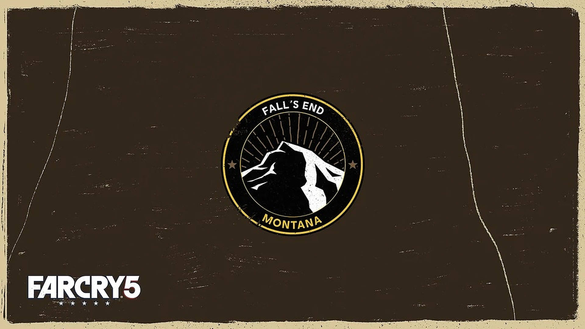 Farcry 5 標誌，在紋理棕色背景上有一個標有「Fall's End Montana」的山脈徽章。