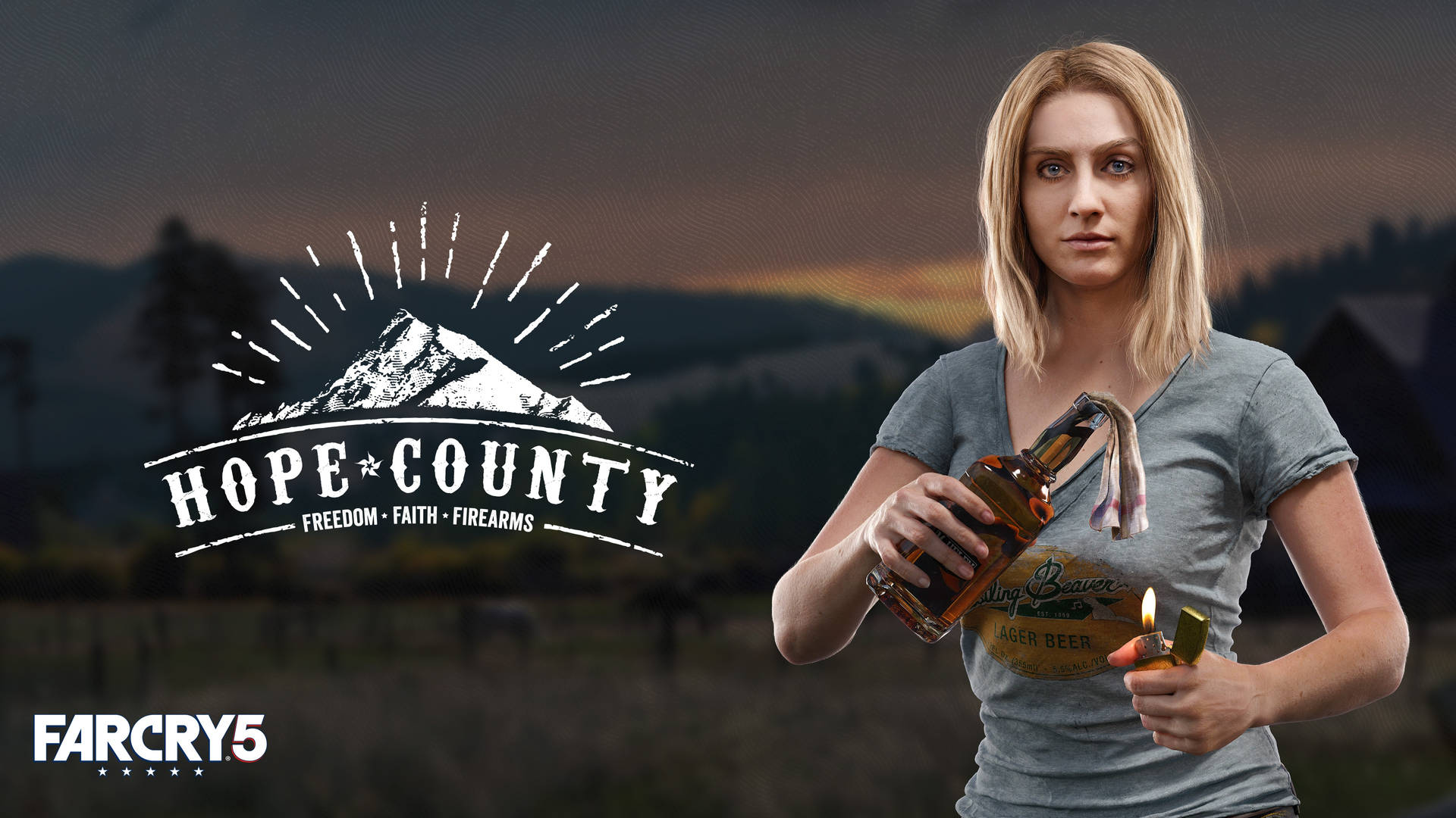 女子在山區日落場景中手持瓶子和打火機，帶有 Hope County 標誌。
