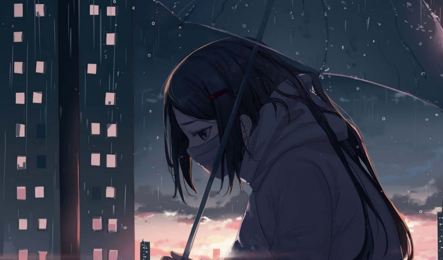 動漫女孩在黃昏雨城中撐傘，窗戶閃爍光芒。