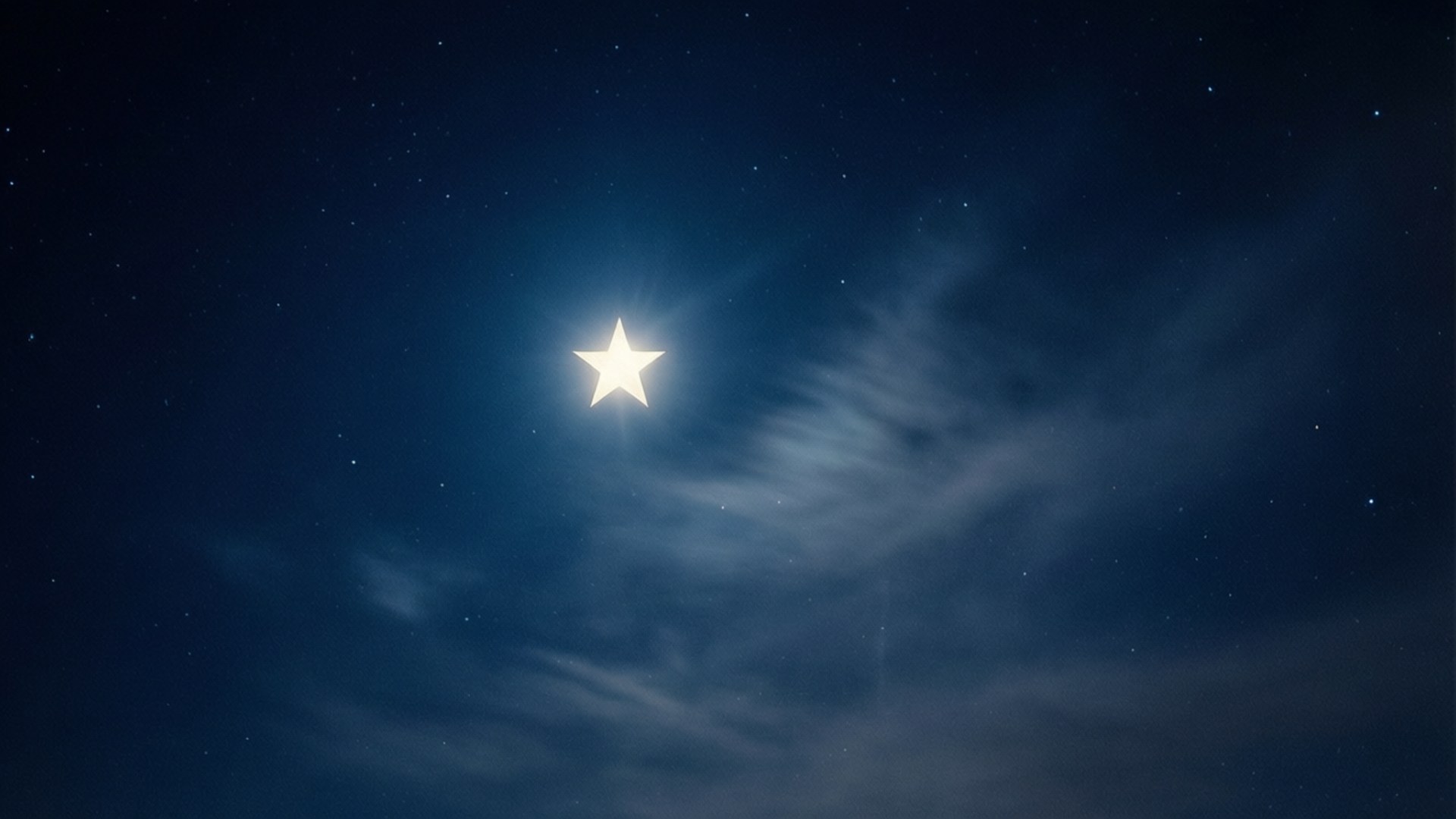 一顆明亮的星星在深藍色的天空中閃耀，伴隨著柔軟的雲朵和遙遠的星星