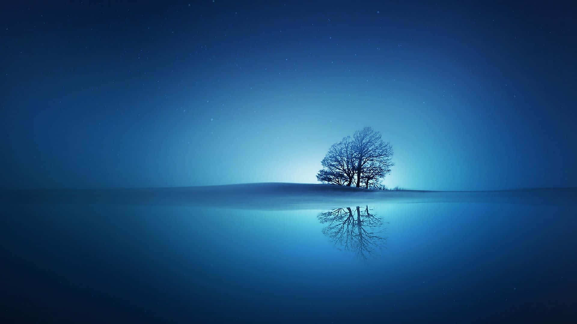 雪丘上的一棵孤樹在繁星點點的夜空下倒映在平靜的水面上。