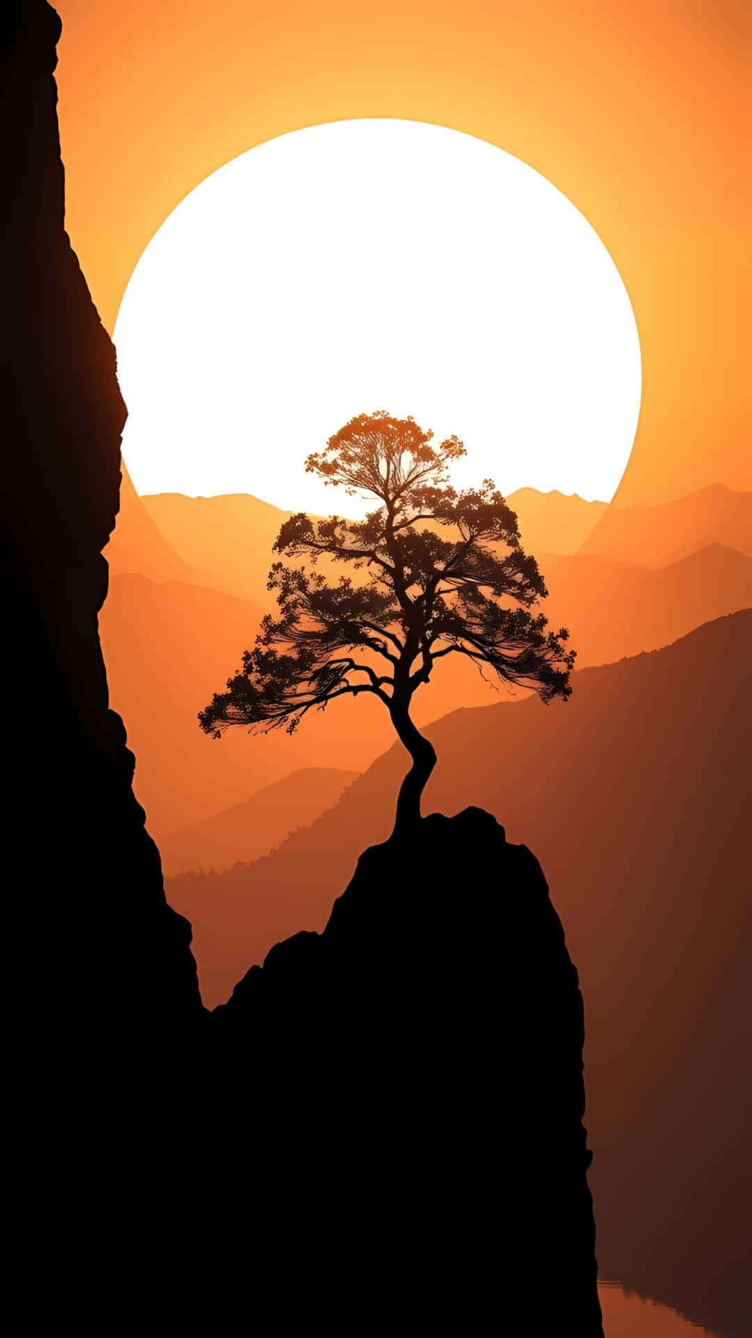 日落時分，一棵樹獨自站在懸崖邊，背景是群山。