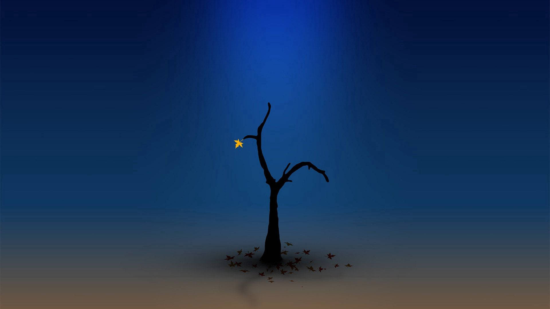 一棵禿樹，樹枝上有一顆發光的星星，周圍散落著落葉，背景是藍天。
