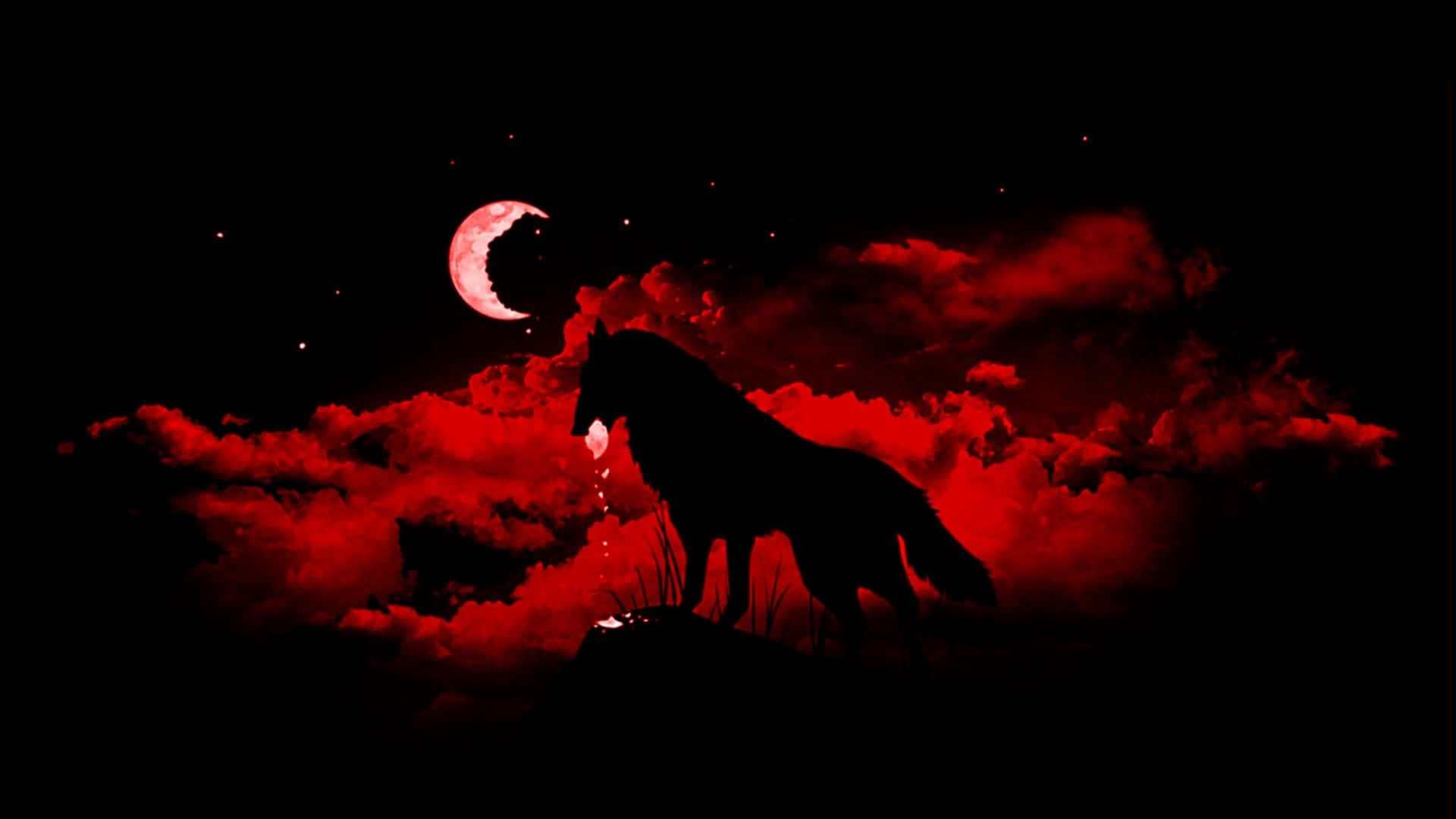 Red Wolf 桌布 壁紙 — 孤狼剪影在血紅新月下對著暴風雨般的深紅天空嚎叫。