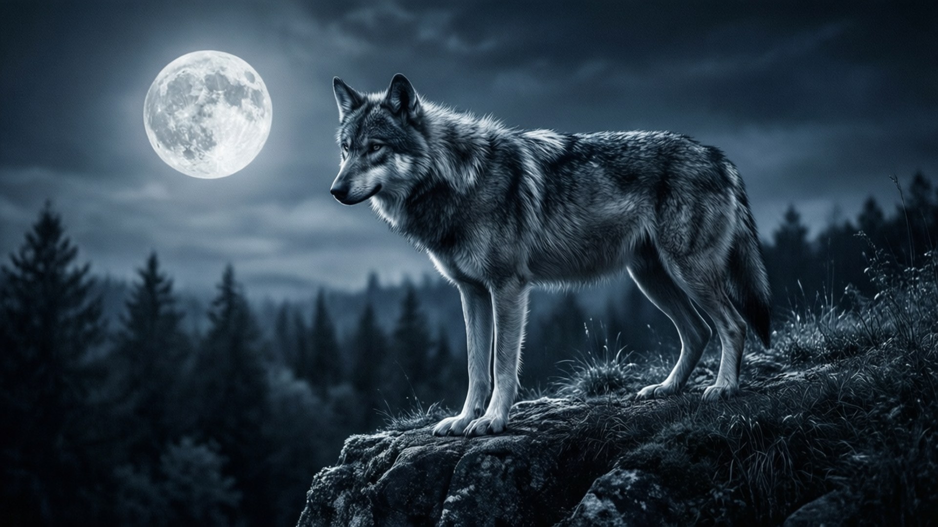 孤狼月夜 壁紙 — 一匹孤狼在岩石懸崖上警覺地站立，滿月將銀色光芒灑在黑暗的森林上。
