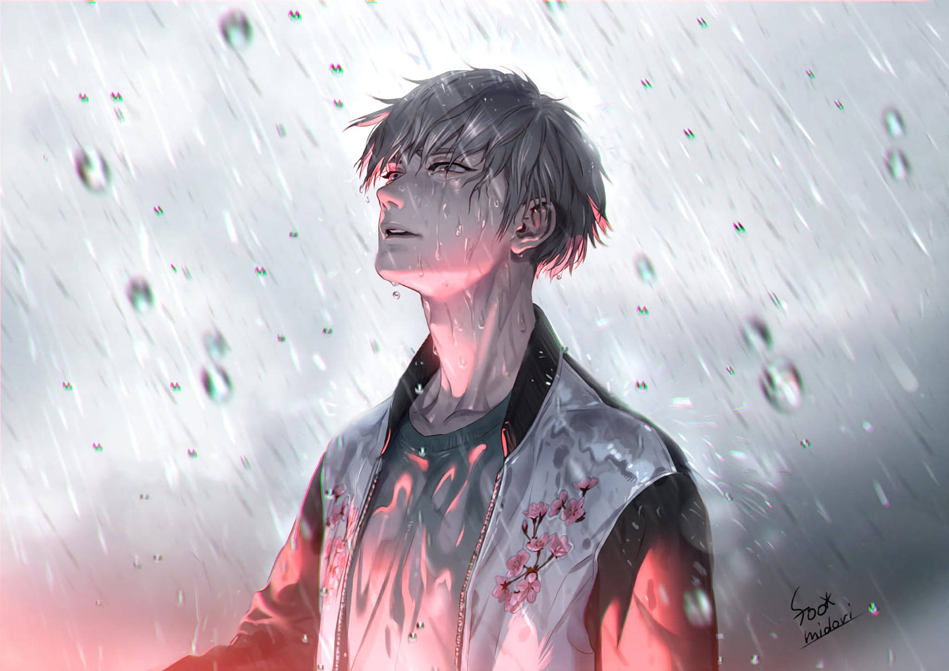 孤獨傷心的動漫男孩淋雨 壁紙 — 一位年輕的動漫男子，灰髮，站在大雨中，水滴閃閃發光，粉紅色的櫻花點綴在他的外套上。