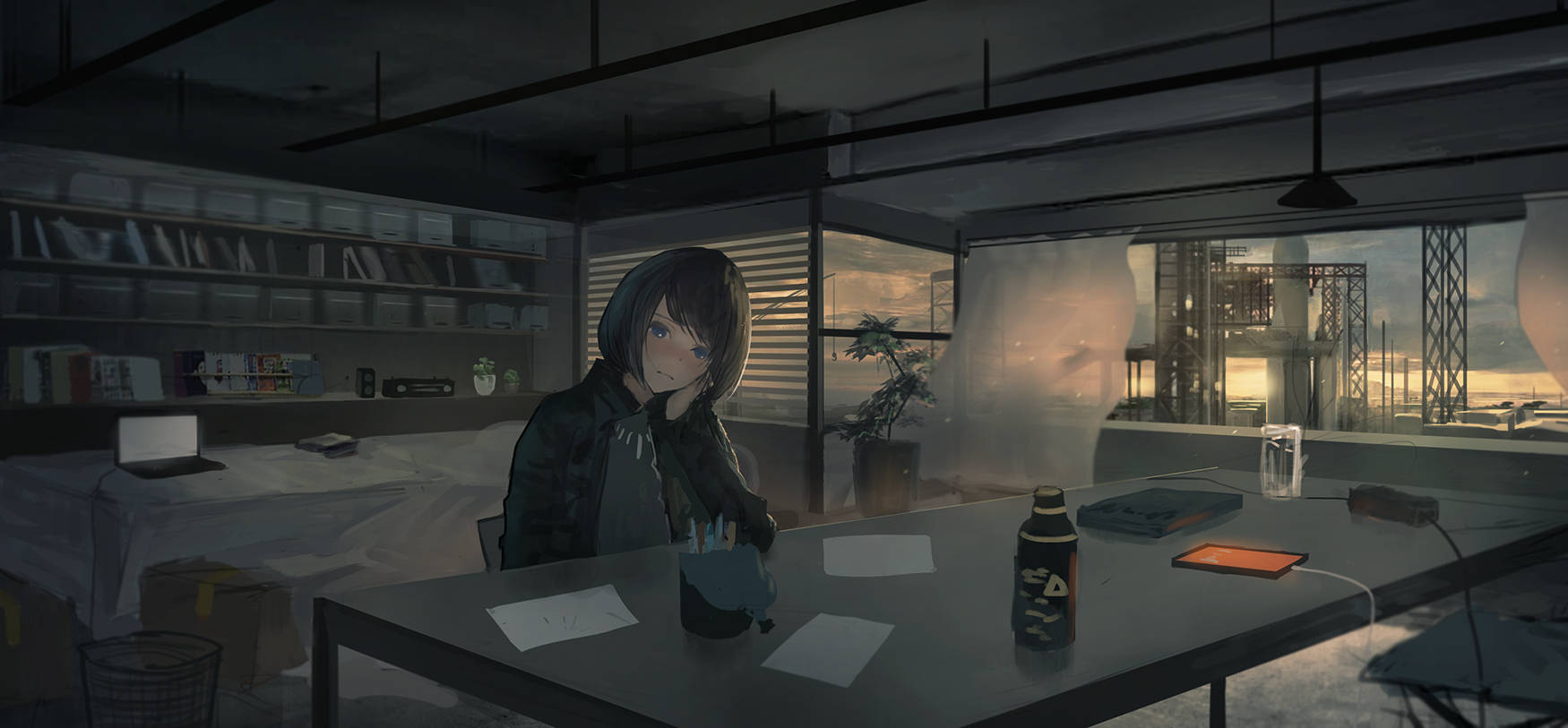 動漫女孩在室內書桌前坐著，夕陽時分，城市景觀