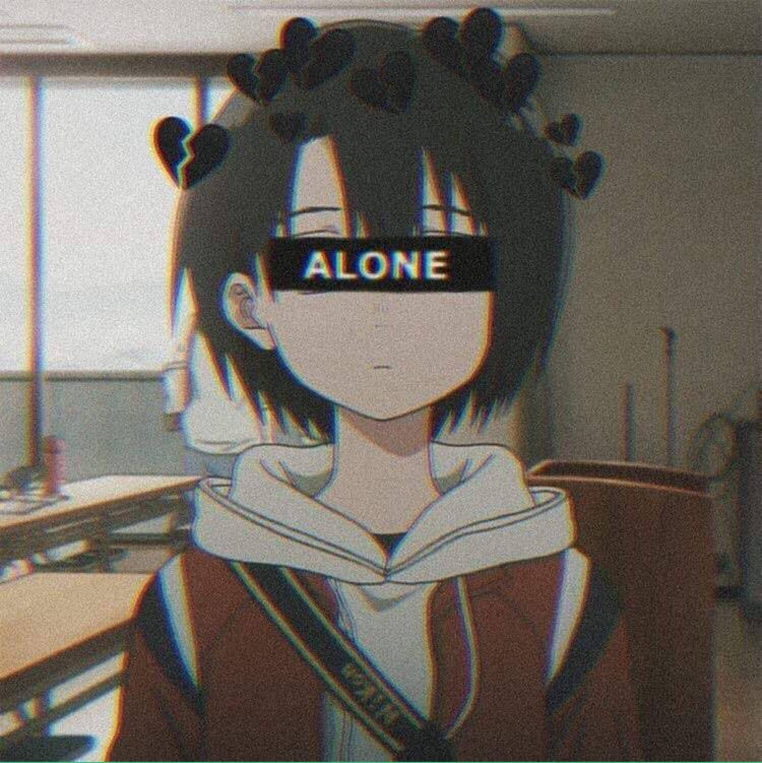 動漫女孩戴著心形髮夾，獨自坐在教室裡，眼睛上有 'ALONE'。