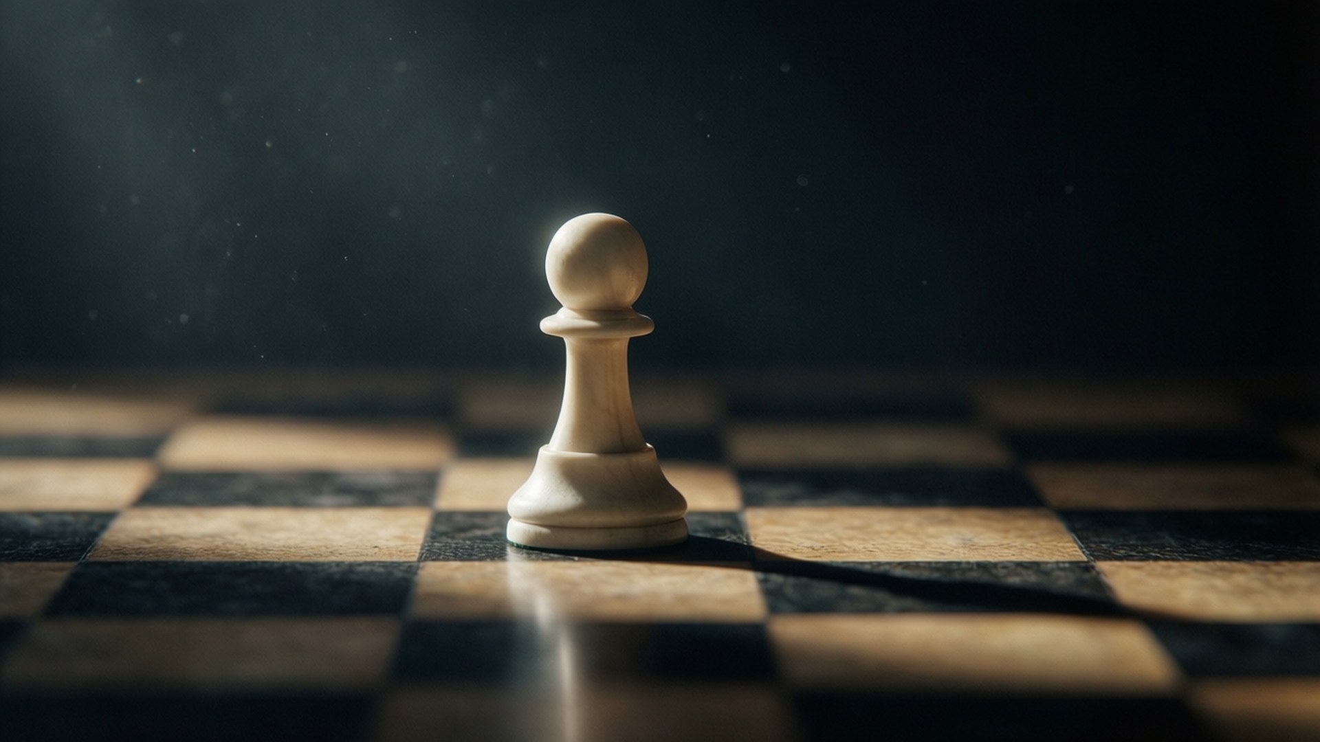 孤獨士兵 壁紙 — 一個白色象棋兵卒獨自站在木製棋盤上，在戲劇性的聚光燈下，伴隨著飄浮的灰塵顆粒。