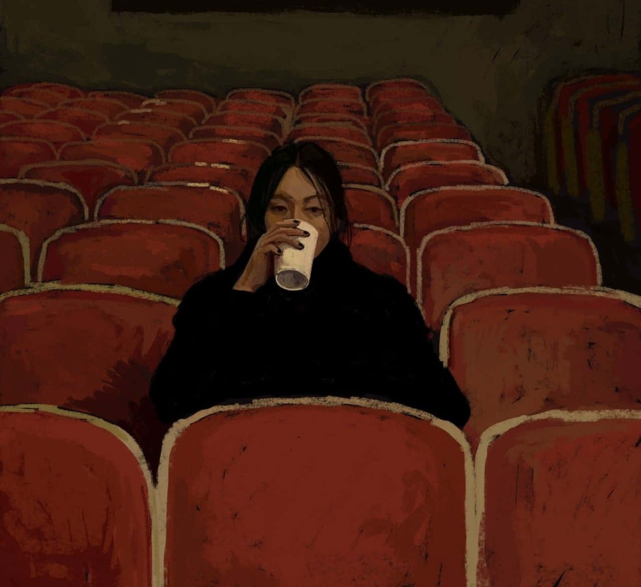 孤獨女子在空曠劇院啜飲咖啡 壁紙 — 一個孤獨的人穿著黑色外套，坐在一個空蕩蕩的劇院裏，旁邊是一排排紅色座位，正在啜飲杯子。