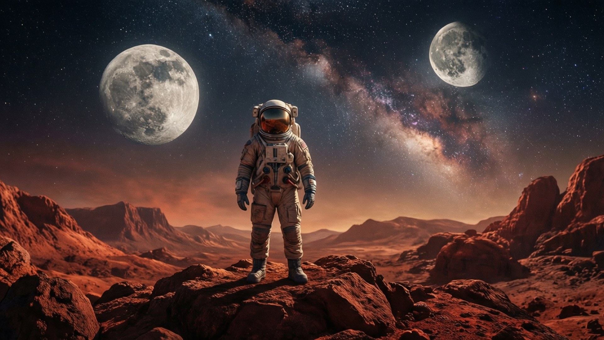 太空人在兩個月亮和星空下的紅色岩石行星上。