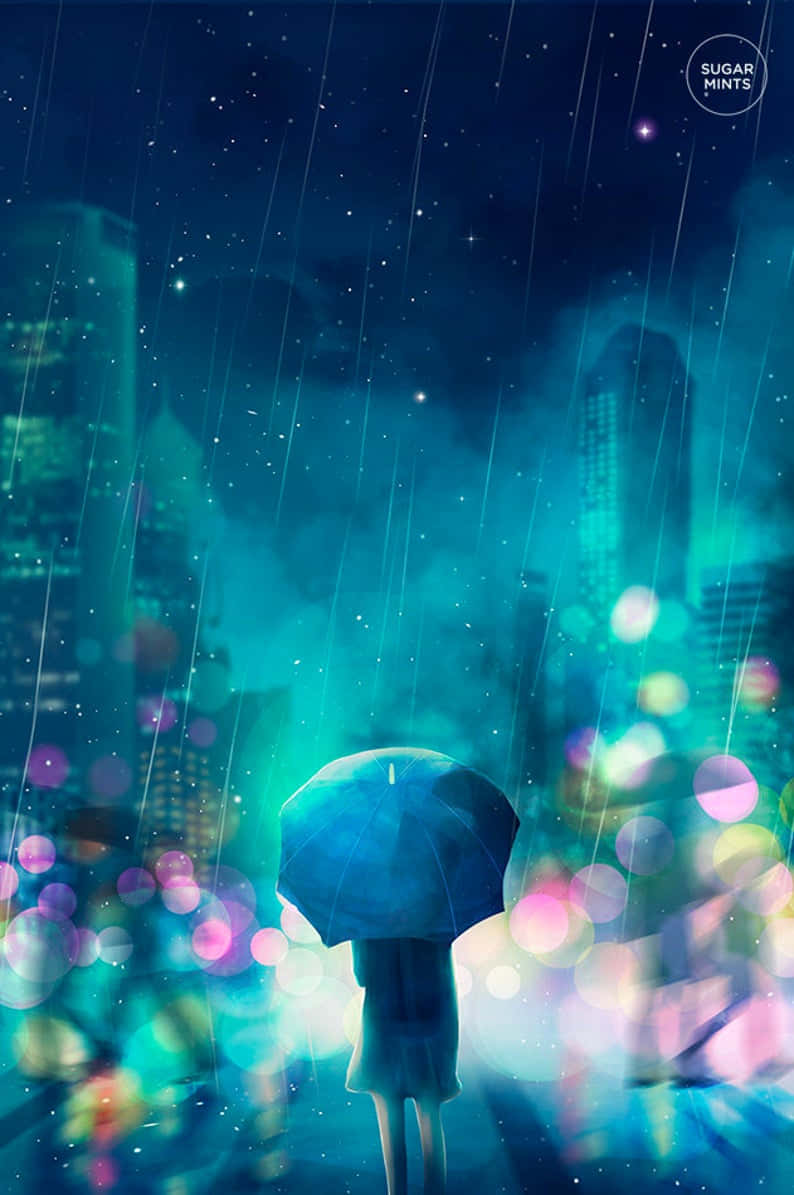 孤獨少女穿行於動漫雨中 壁紙 — 一個孤獨的身影撐著傘，站在星空夜幕下的雨中，上方是閃爍的城市天際線。
