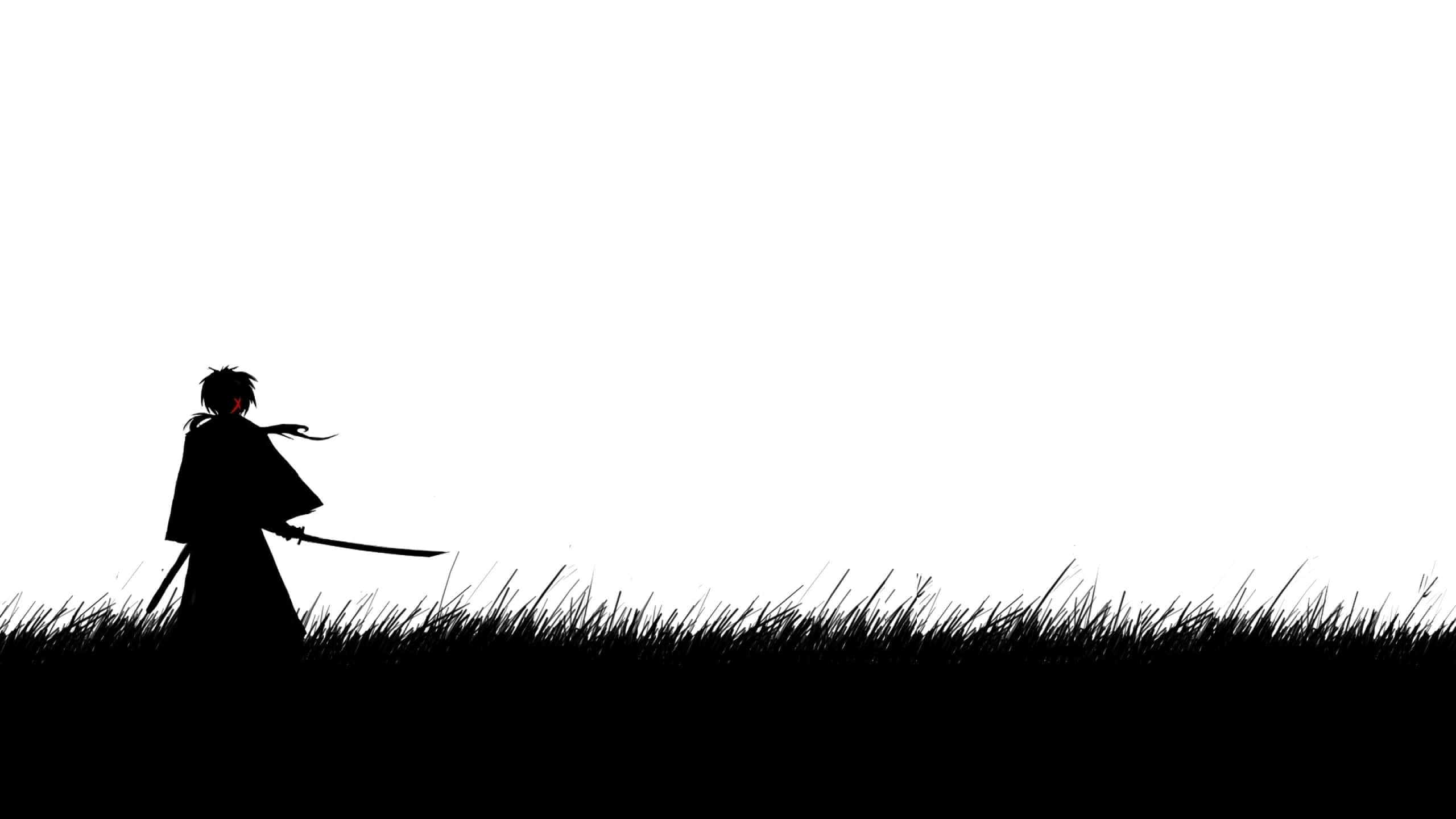 Black And White Samurai 桌布 壁紙 — 孤獨武士戰士的剪影，站在高草中，手持武士刀，背景為純白色。