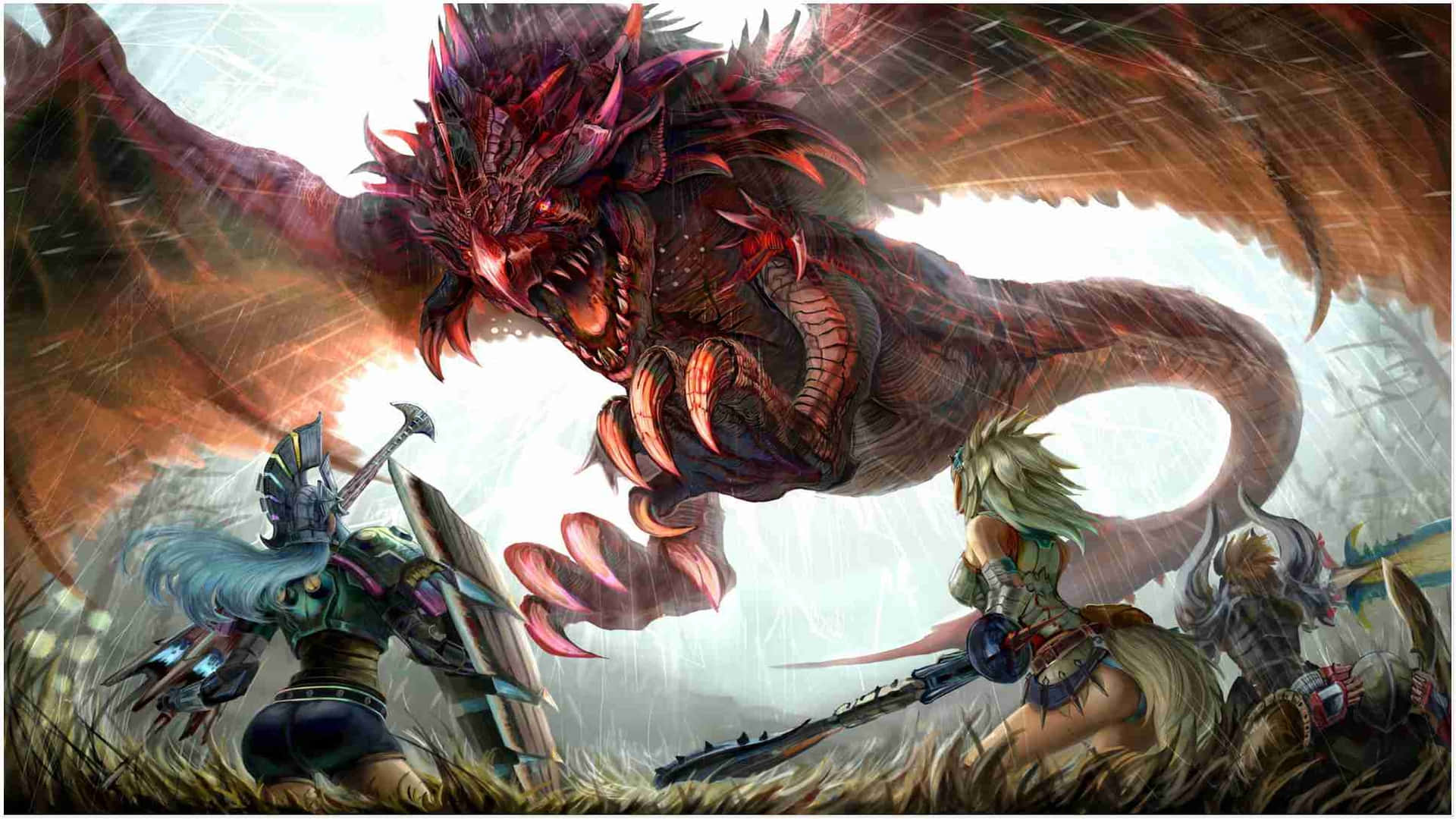 孤獨獵人挑戰《怪物獵人世界》中的強敵 壁紙 — 一隻巨大的紅色龍，長有尖刺翅膀，在暴風雨的田野上撲向手持劍和斧頭的獵人。