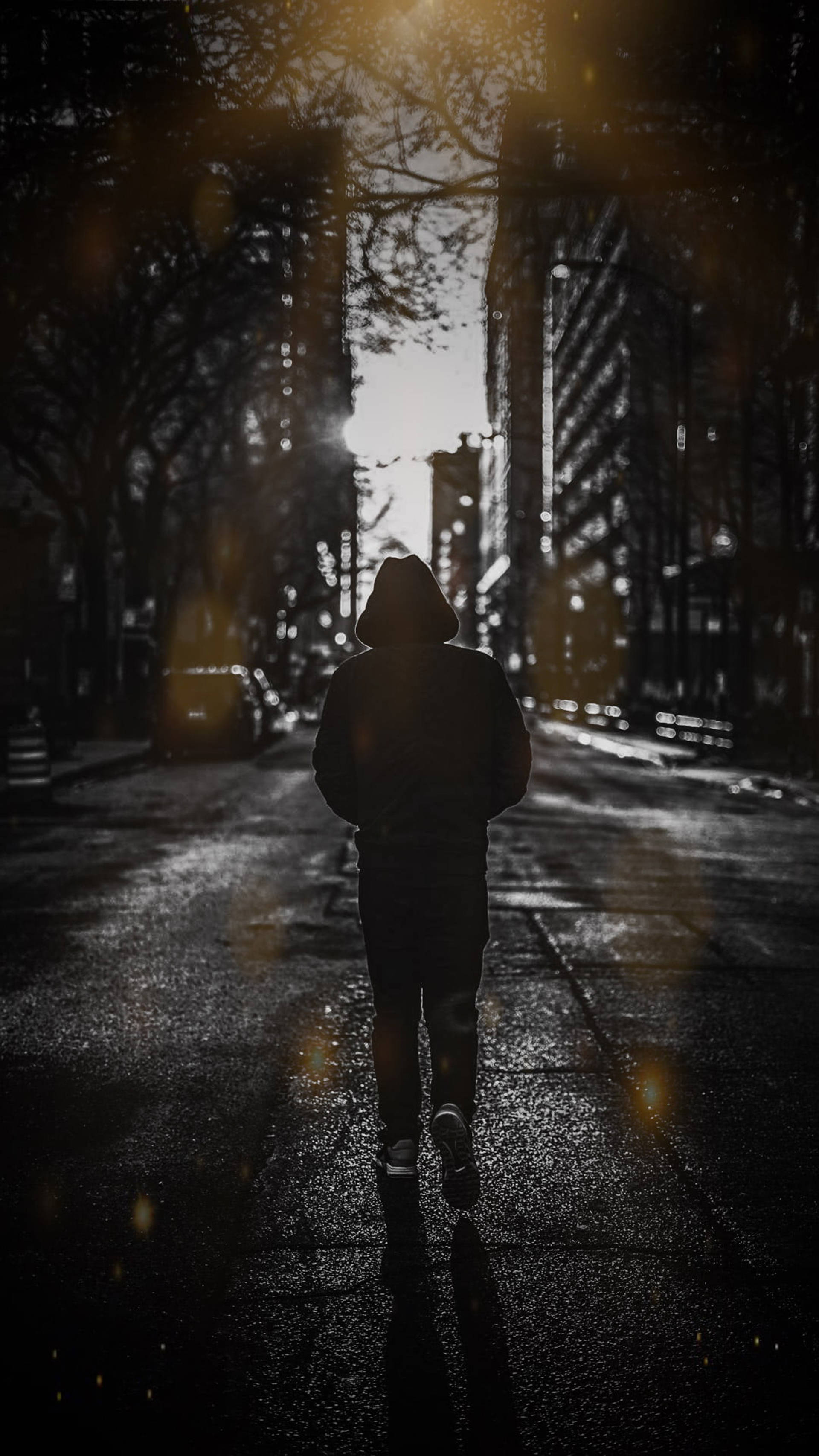 孤獨男孩謹慎踏入黑暗 壁紙 — 一個孤獨的戴帽人影在夜晚沿著濕漉漉的城市街道走遠，金色鏡頭光暈和高樓大廈框出道路。