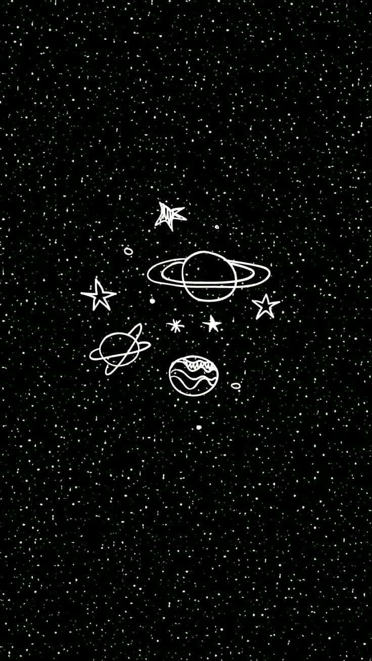 孤獨的太空人探索浩瀚外太空 壁紙 — 行星和恆星的白色線條圖漂浮在黑色斑點太空背景上。