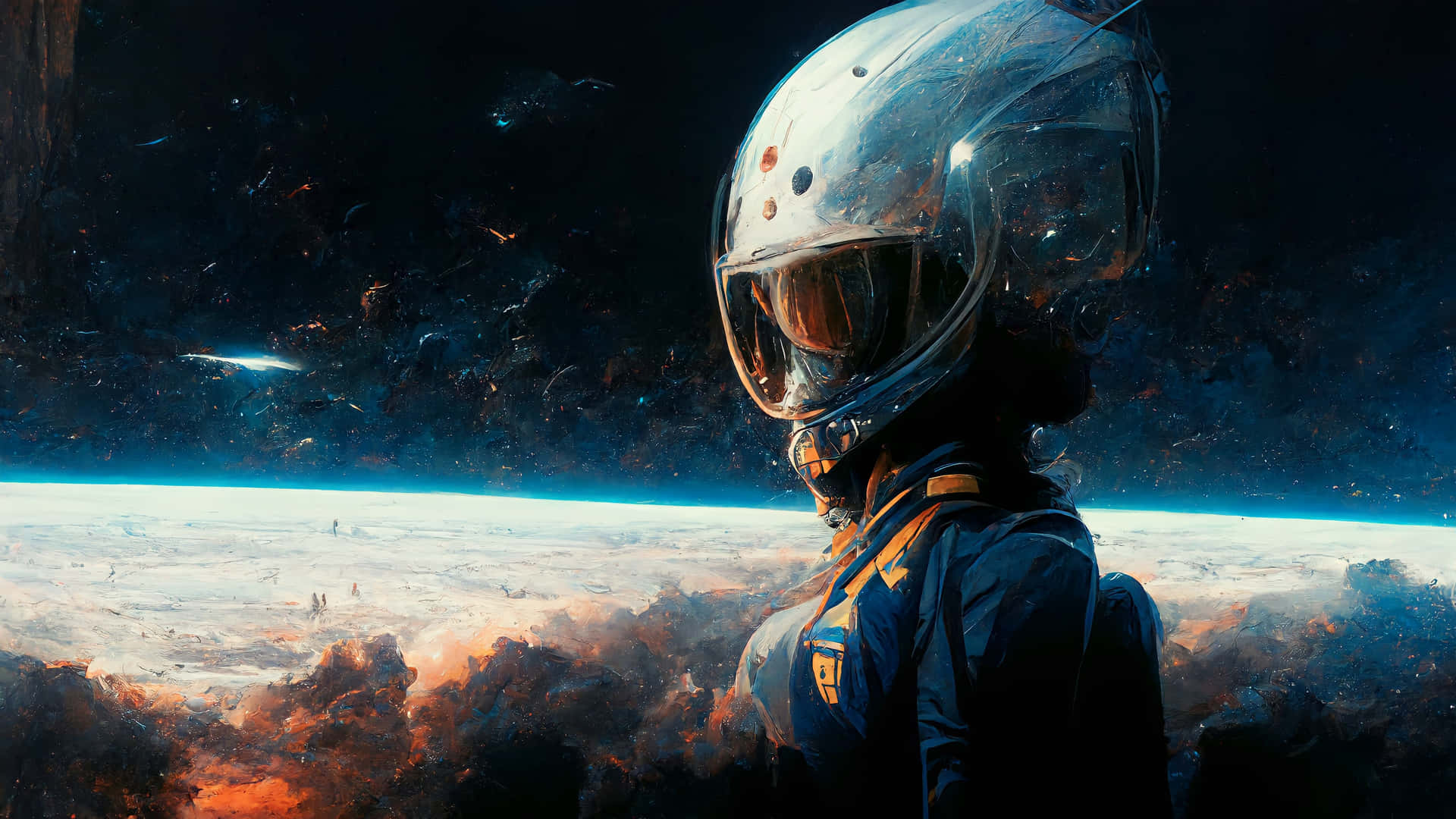 太空人從太空觀看地球，帶有發光的大氣層和星空背景。