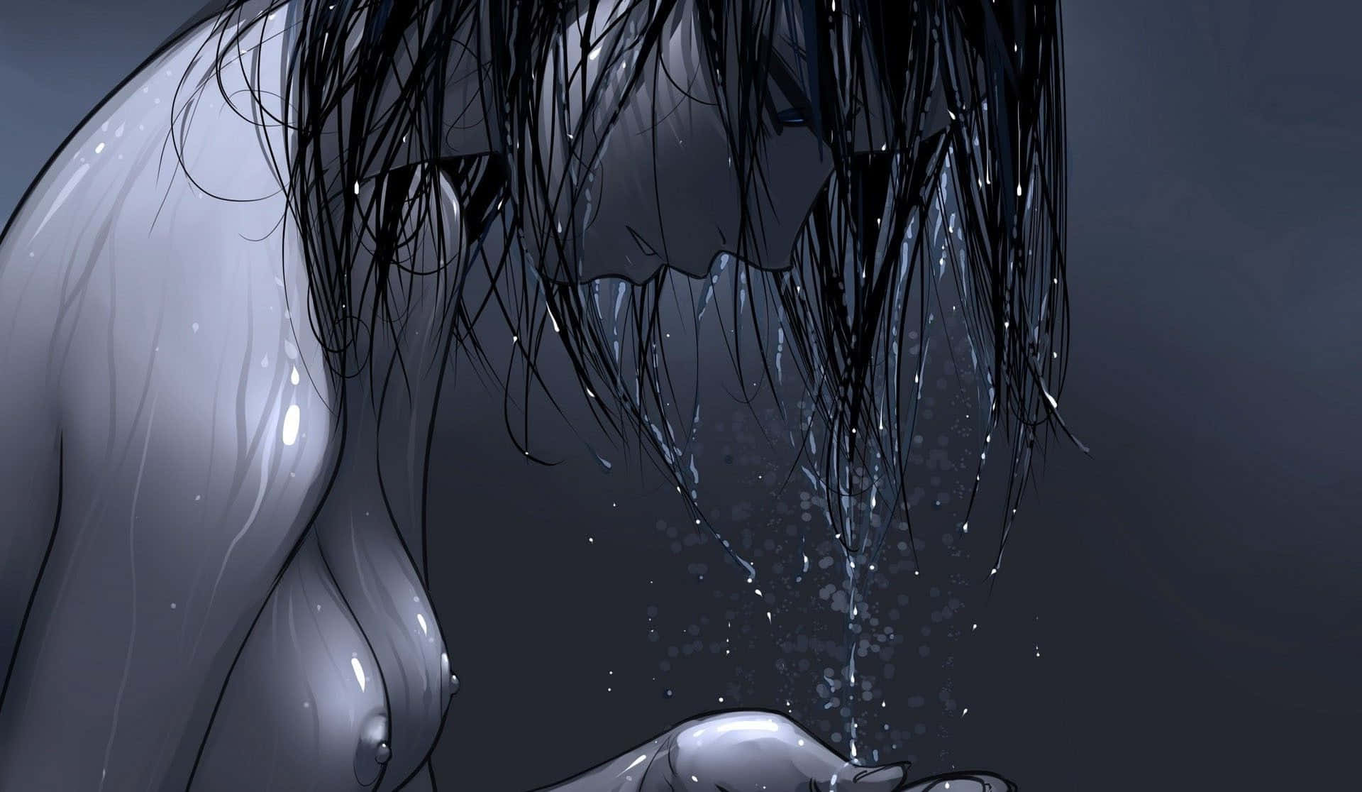 孤獨的女孩望向遠方，眼中充滿渴望 壁紙 — 一個憂鬱的動漫女性，濕漉漉的黑髮低著頭，水滴從她的頭髮滴到手上，背景是深灰色。