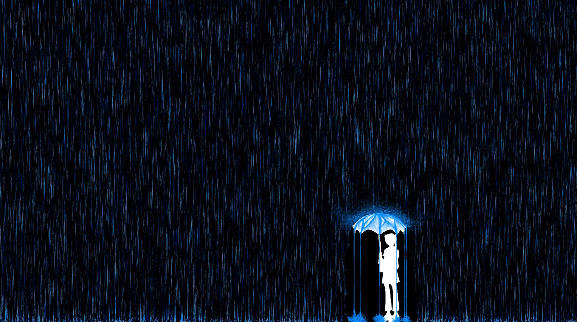 Sad Aesthetic 桌布 壁紙 — 孤獨的白色剪影在深藍色雨絲傾瀉中，撐著一把發光的藍色雨傘。