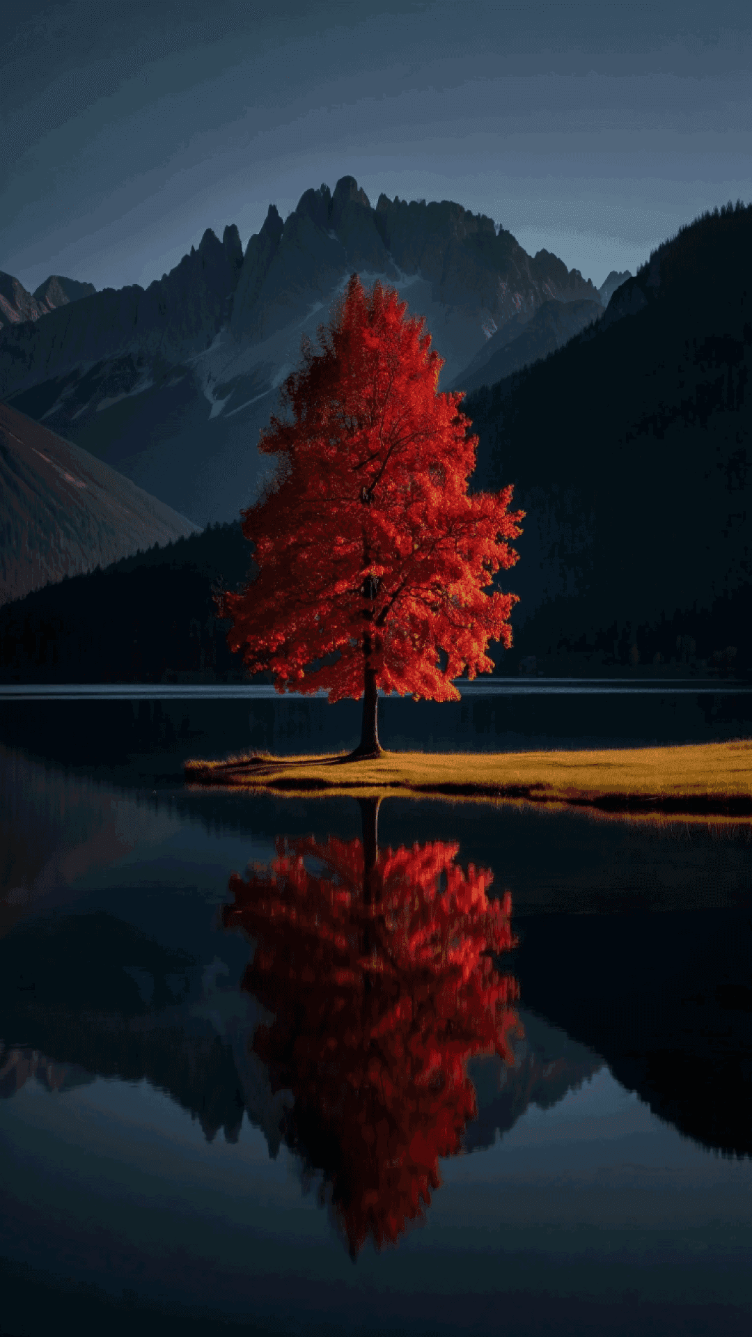 孤獨的紅楓樹立於島嶼，鏡湖與群山環繞 壁紙 — 一棵孤獨的鮮紅色樹木矗立在平靜湖泊中的一個小島上，其倒影完美地映照在暮色天空下高聳的黑暗山脈之下。