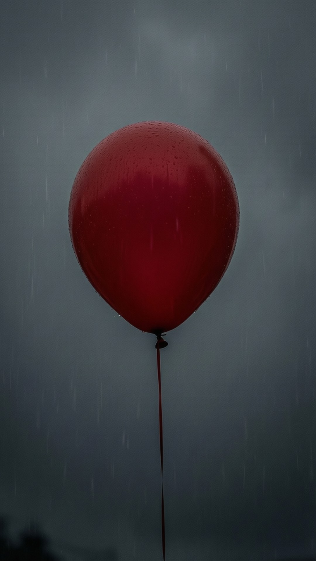 一個紅色氣球在雨中漂浮，背景是灰色天空