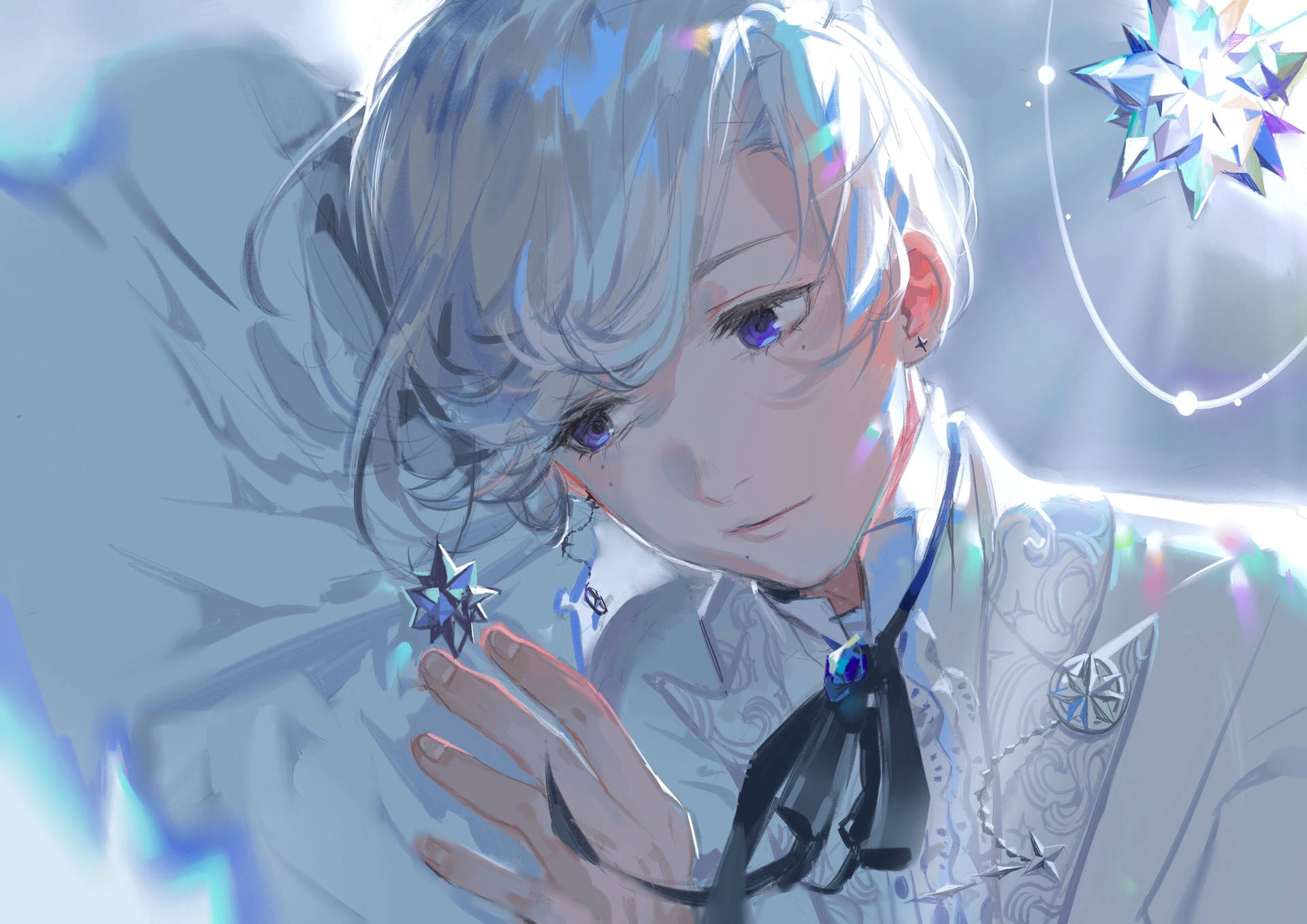 銀髮紫眼的動漫男孩拿著一顆發光的星星。