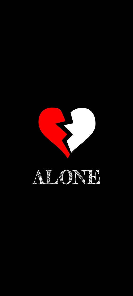 黑色背景上帶有ALONE字樣的破碎紅色和白色心形。