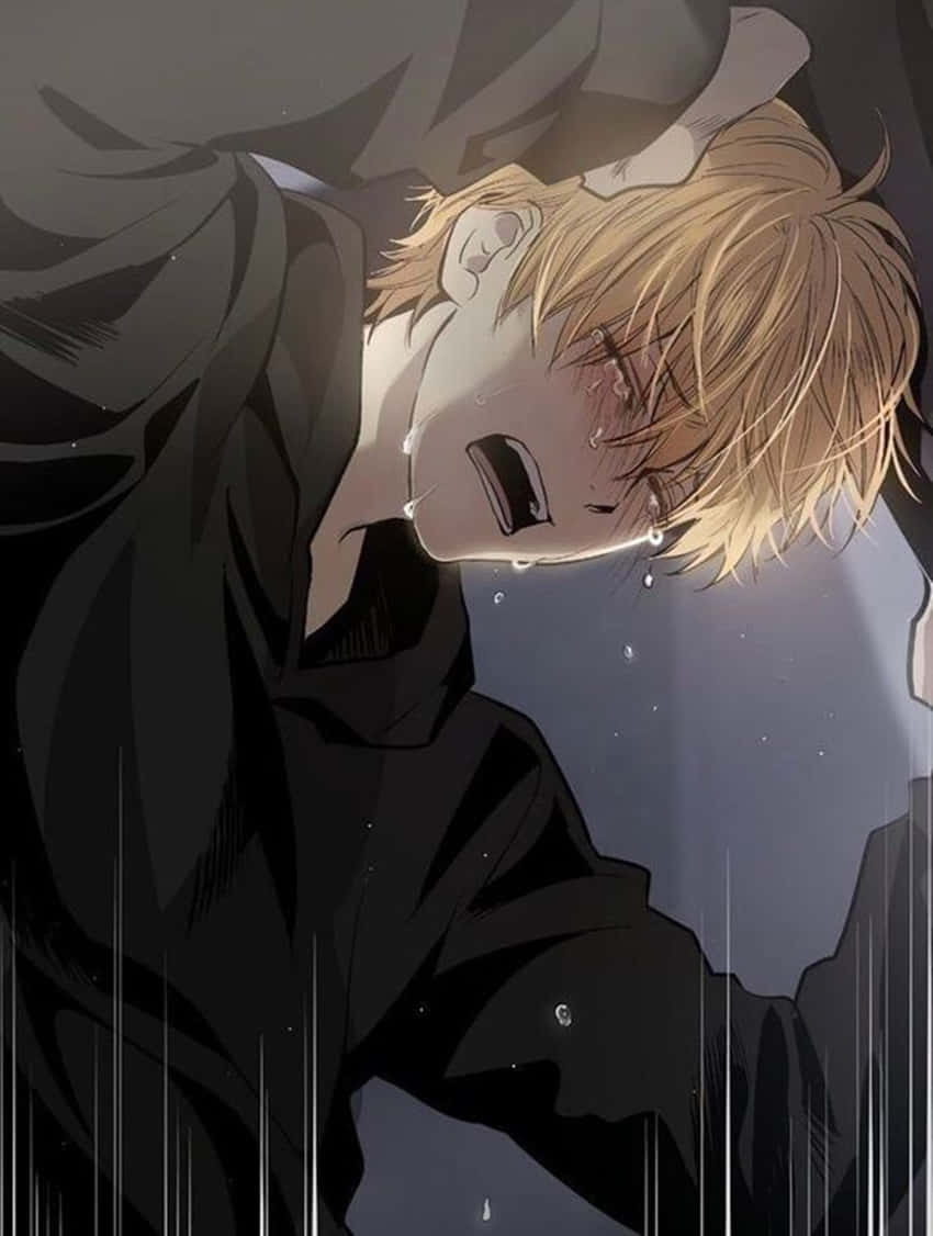 金髮動漫男孩在雨中戴著深色連帽衫哭泣，眼睛發光。