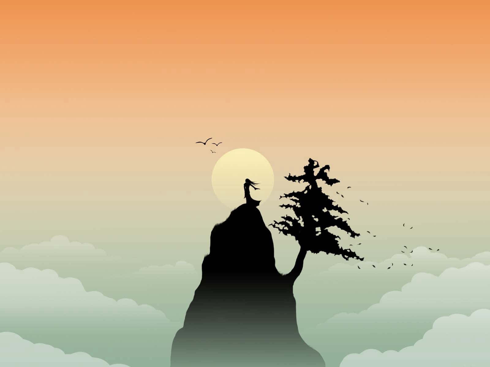 自由 桌布 壁紙 — 孤獨身影在懸崖頂上樹旁，鳥兒飛翔於溫暖夕陽天空中的剪影。