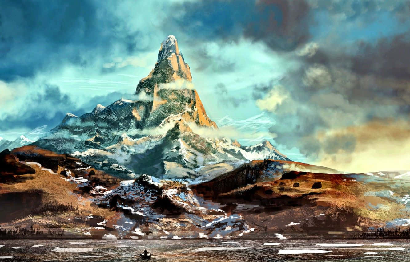 一艘孤獨的小船漂浮在結冰的湖面上，背後是高聳的雪山。