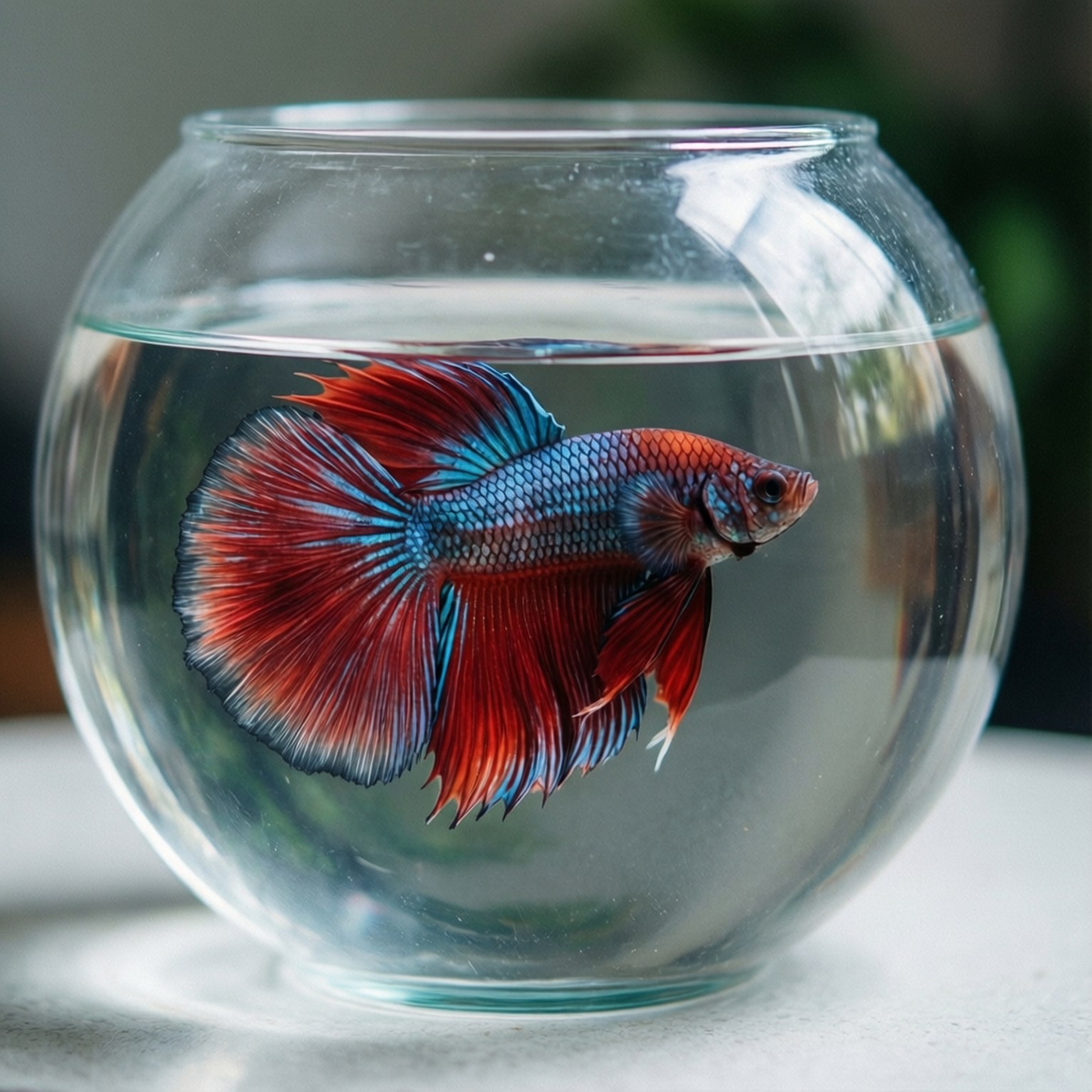 孤獨鬥魚 壁紙 — 一條鮮豔的紅藍鬥魚在裝滿水的透明玻璃碗中優雅地游動。