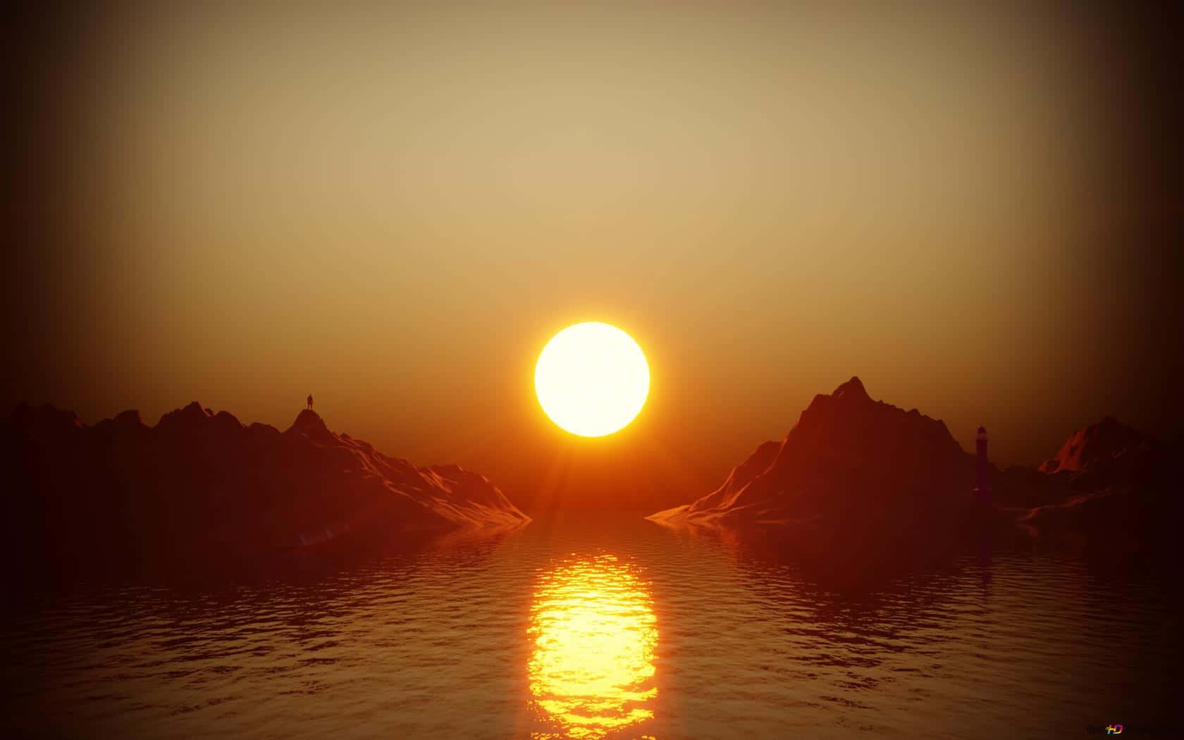 山湖日落，山峰上有兩個人影