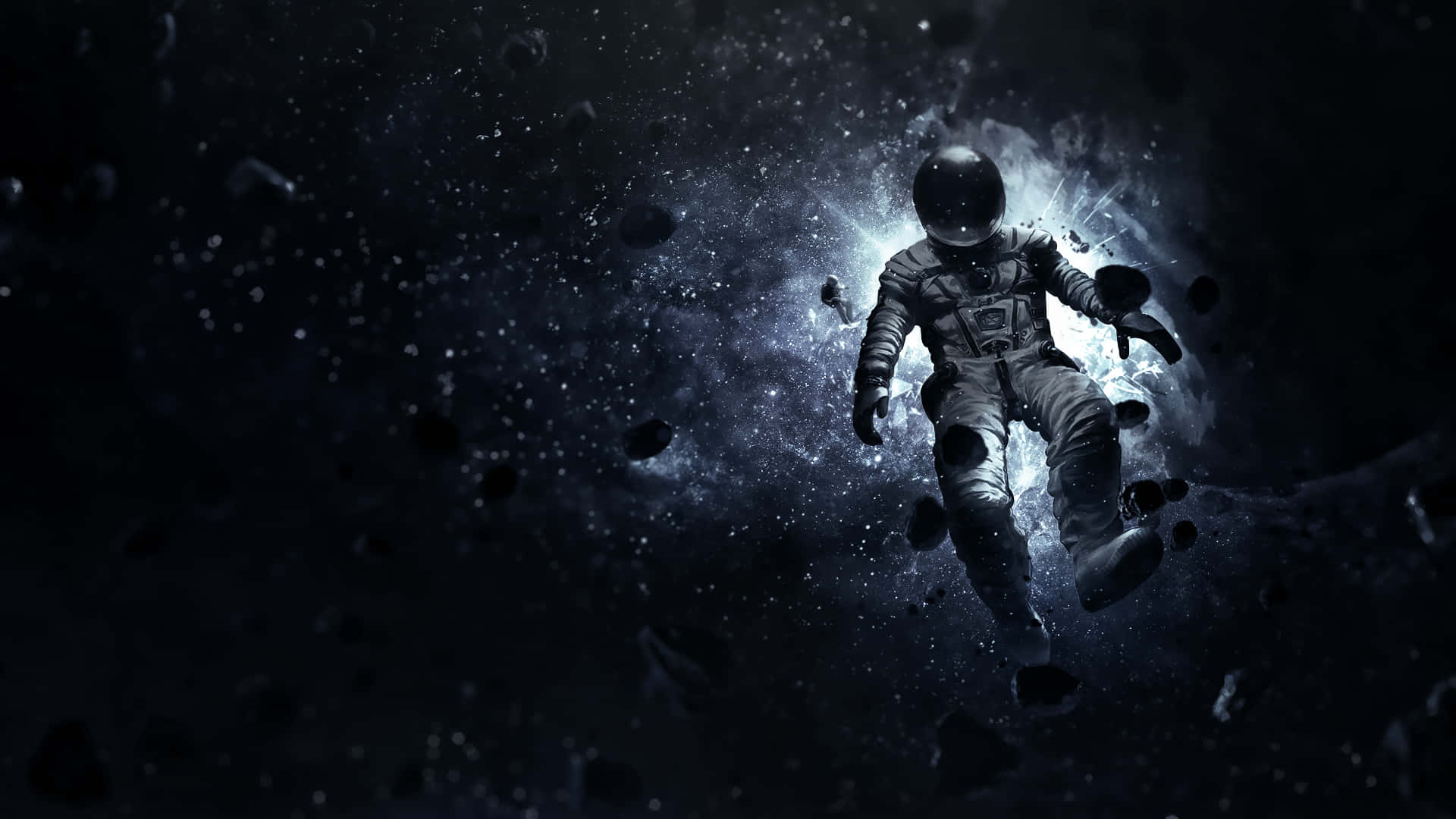 一名孤獨的太空人在宇宙碎片和發光星雲中漂浮。