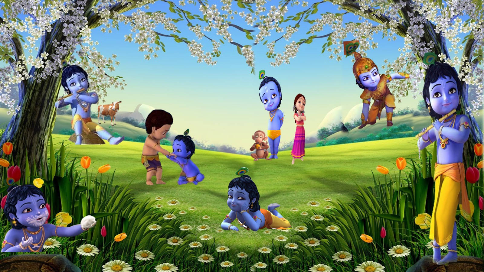 krishna god 桌布 壁紙 — 孩子們在盛開的櫻花樹下快樂地玩耍，周圍是充滿色彩繽紛花朵和頑皮動物的活力草地。