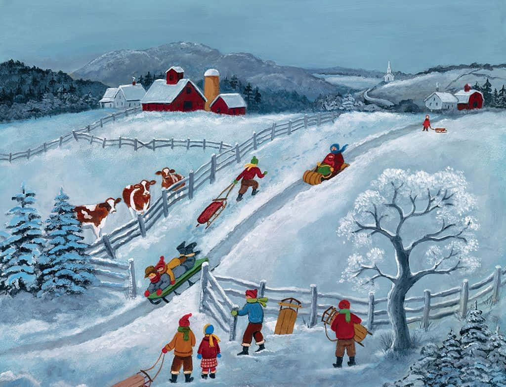 Winter Art 桌布 壁紙 — 孩子們在紅色穀倉旁邊的雪坡上滑雪橇，牛群在冬季天空下穿過圍欄牧場。