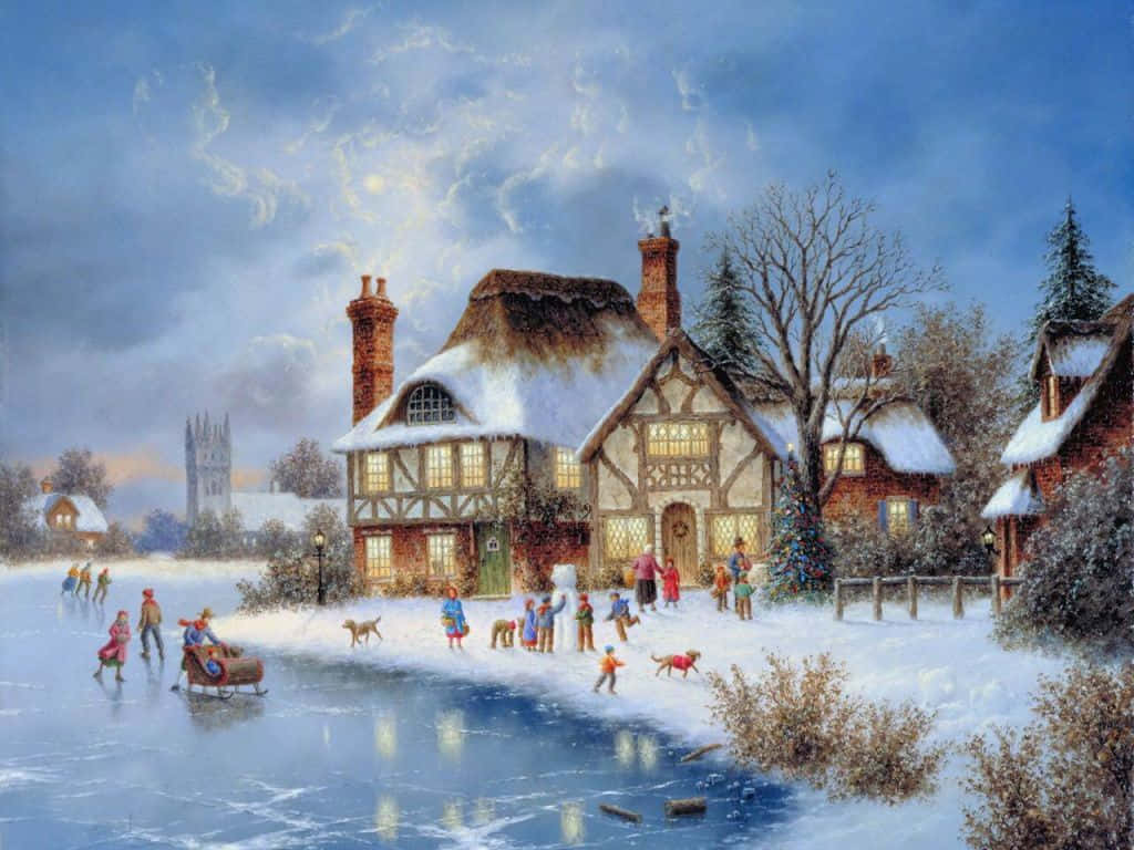 Winter Scene 桌布 壁紙 — 孩子們在結冰的池塘上溜冰和滑雪橇，前方是一座被雪覆蓋的茅草小屋，散發著溫暖的光芒。