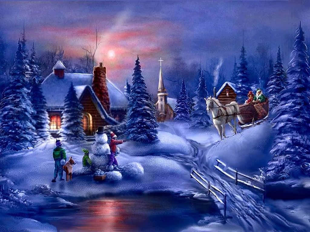 Winter Christmas 桌布 壁紙 — 孩子們在舒適的小屋附近堆雪人，聖誕老人的雪橇帶著小精靈在暮色天空下滑過。