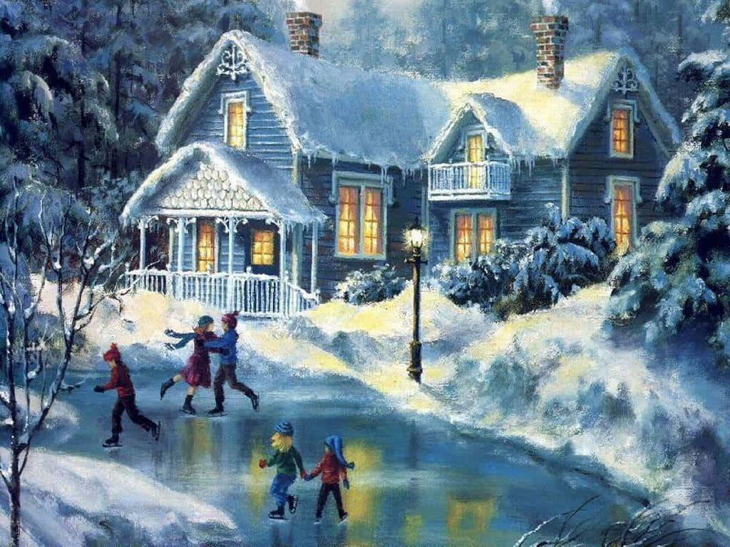 Winter Art 桌布 壁紙 — 孩子們在被雪覆蓋的小屋前，在結冰的池塘上溜冰，小屋散發著溫暖的光芒。