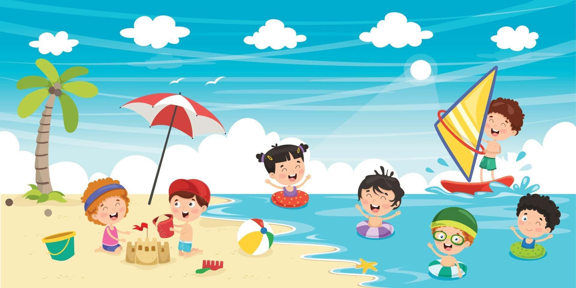 夏季 桌布 壁紙 — 孩子們在陽光明媚的海灘上快樂地玩耍，有棕櫚樹、沙堡和風帆衝浪者，頭頂是明亮的藍天。