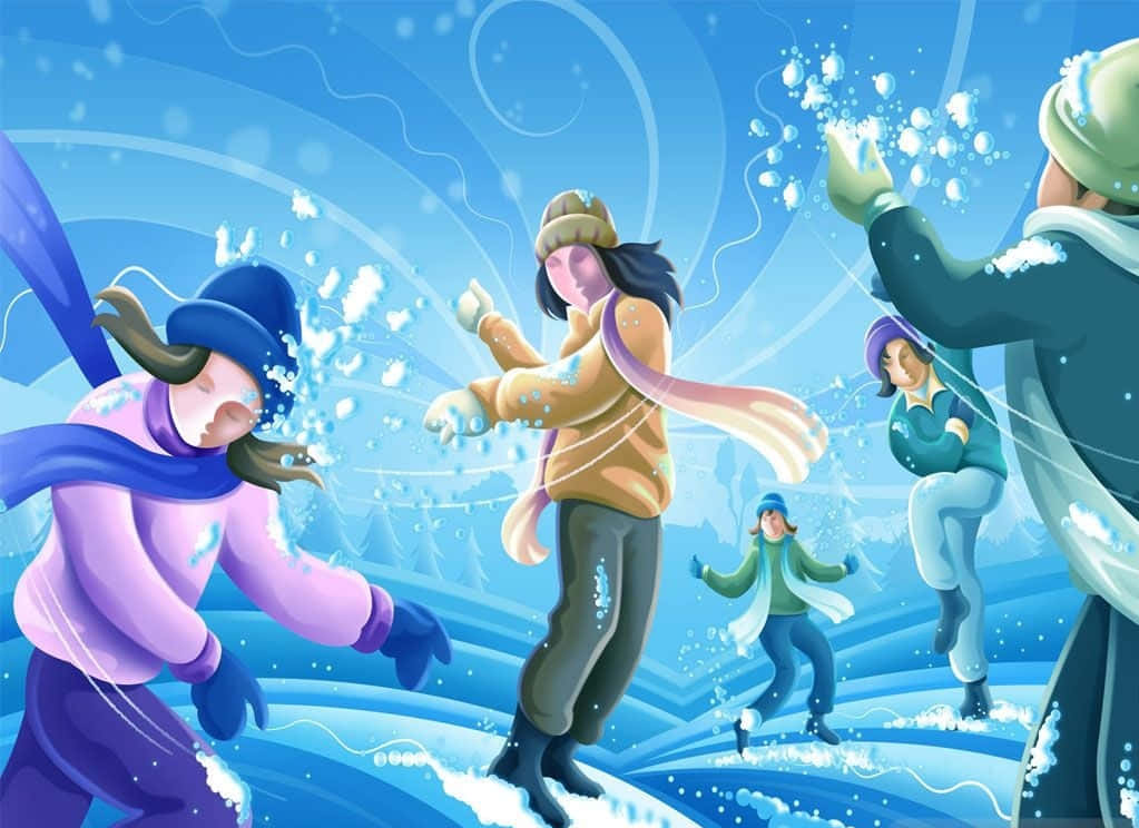Winter Games 桌布 壁紙 — 孩子們在雪景中快樂地玩耍，扔雪球並在明亮的藍天下大笑。