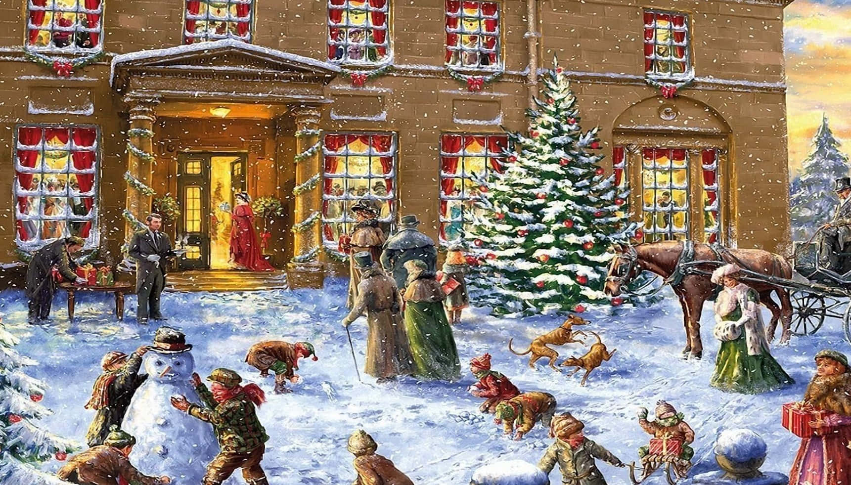 Vintage Christmas 桌布 壁紙 — 孩子和成人喺溫暖燈光嘅維多利亞式大宅外享受落雪嘅聖誕慶祝活動，有裝飾聖誕樹同馬車。