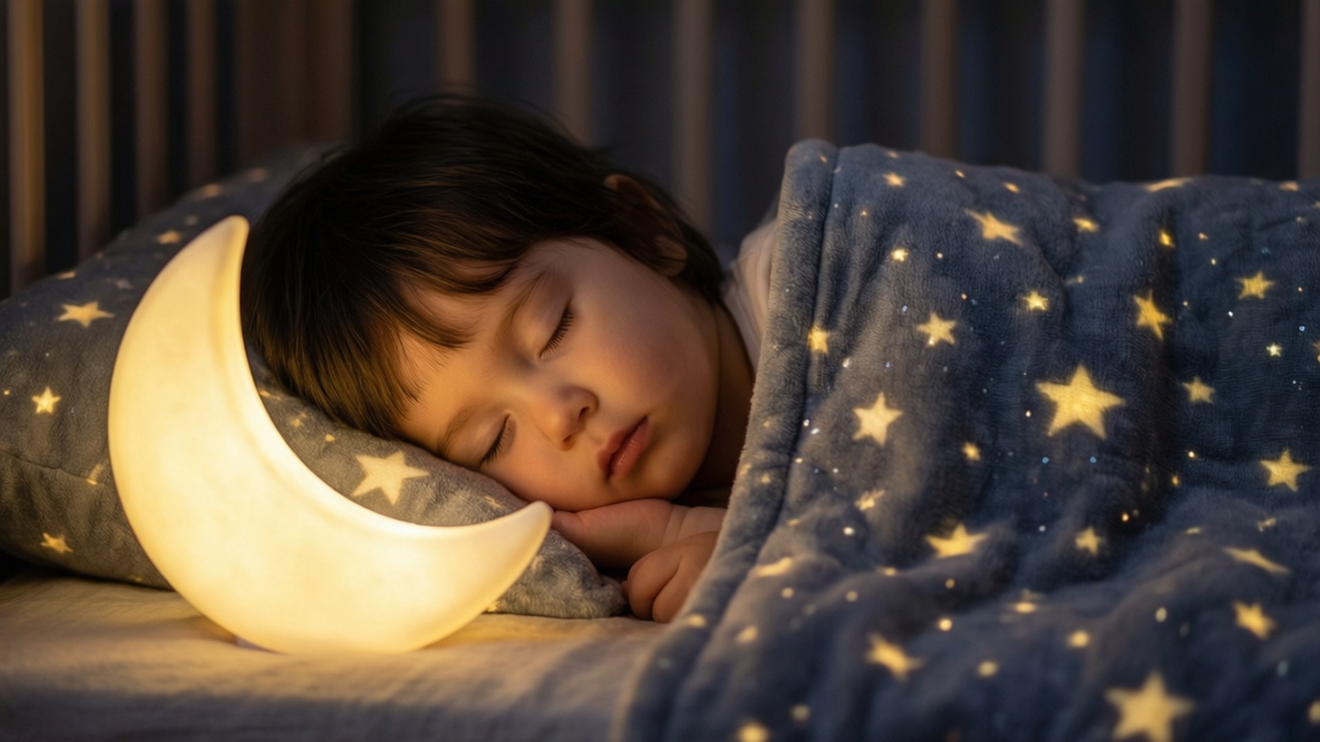 孩子嘅星夜安眠 壁紙 — 一個平靜的孩子在昏暗的房間裡，蓋著星星圖案的藍色毯子，在發光的彎月燈旁安睡。