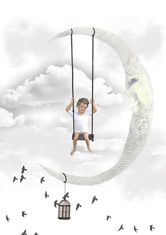 孩子在月球幻想中盪鞦韆 壁紙