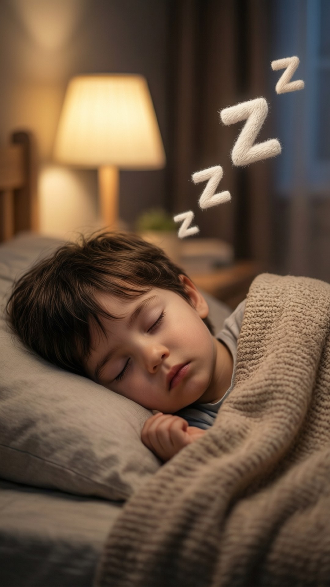 孩子安靜入睡 壁紙 — 一個小孩在床上舒適的毯子下安詳地睡覺，上面有柔和發光的燈光和漂浮的zzz字母。