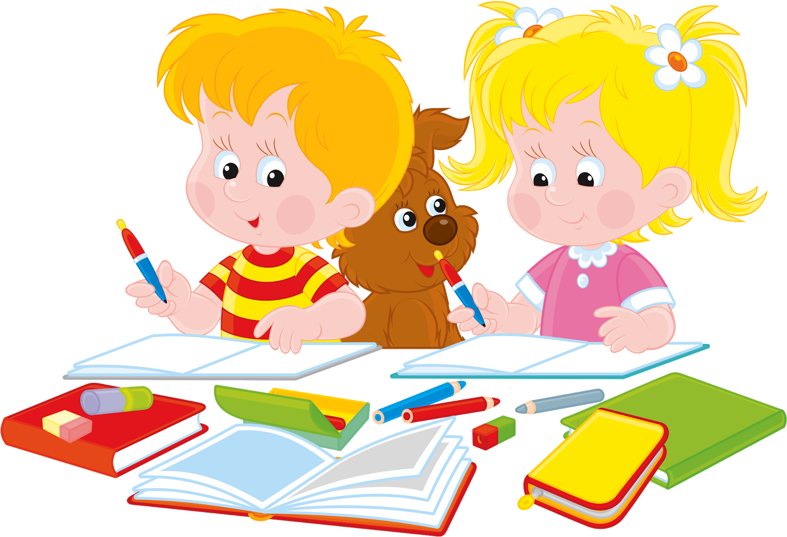 孩子與寵物狗一起學習 壁紙 — 兩個開心的卡通小孩和一隻狗坐在書桌前，周圍是色彩繽紛的學校用品和打開的書本。