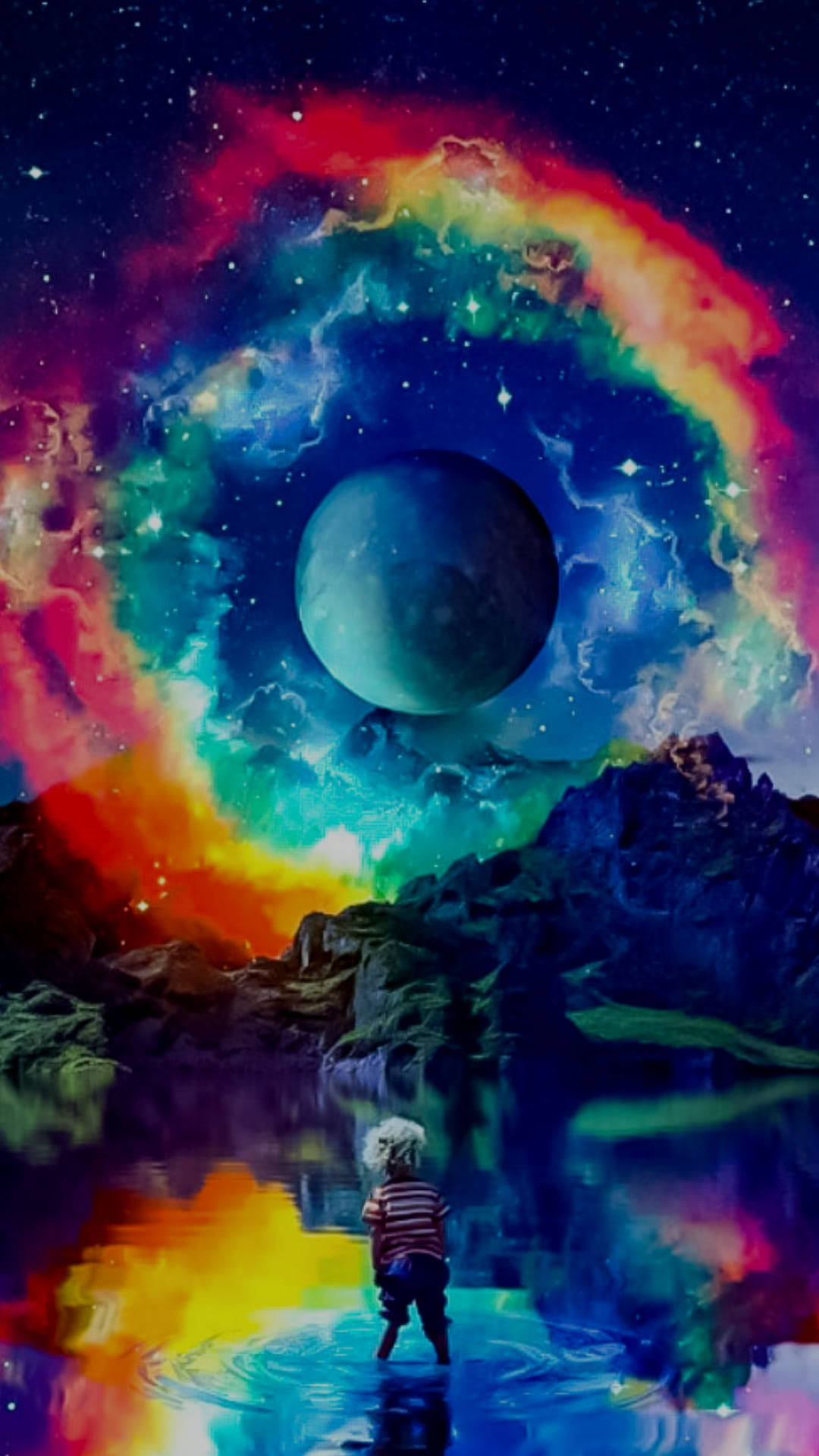 孩子站在水中，看著一個在彩色宇宙星雲中的發光行星。