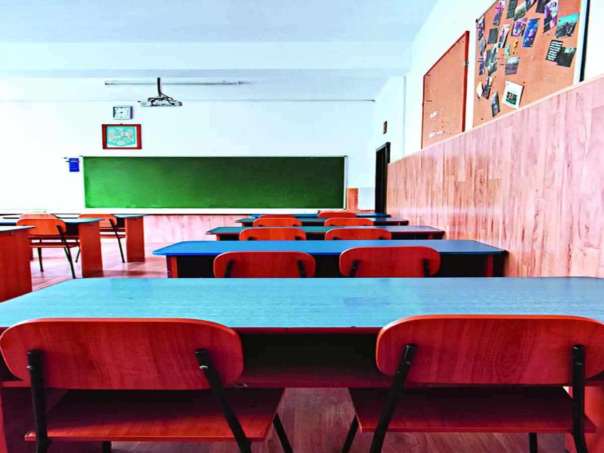 學生在真實課堂中熱烈討論 壁紙 — 一排排紅色椅子和藍色書桌面向綠色黑板，在一個空蕩蕩的學校教室裡，有木牆和佈告板。