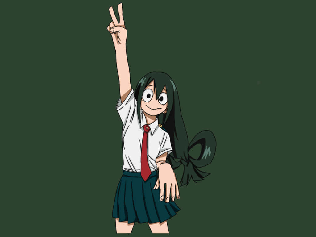 學生時期的鈴音 壁紙 — 穿著校服的動漫女孩微笑並舉起和平手勢，背景為深綠色。